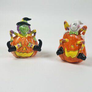 2 Halloween 6" Figurines Ghost Sitting In Pumpkin Jack-O-Lanterns & Silly Witch